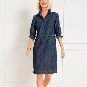Talbots Chambray Denim Popover Shirt Shift Dress 4P Long Sleeves Cotton Blue